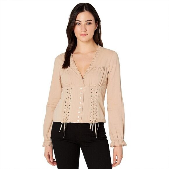 MODA INTENTIONAL x  Y2K Tan Faux Suede Lace Up Corset Long sleeve festival S - Picture 1 of 9